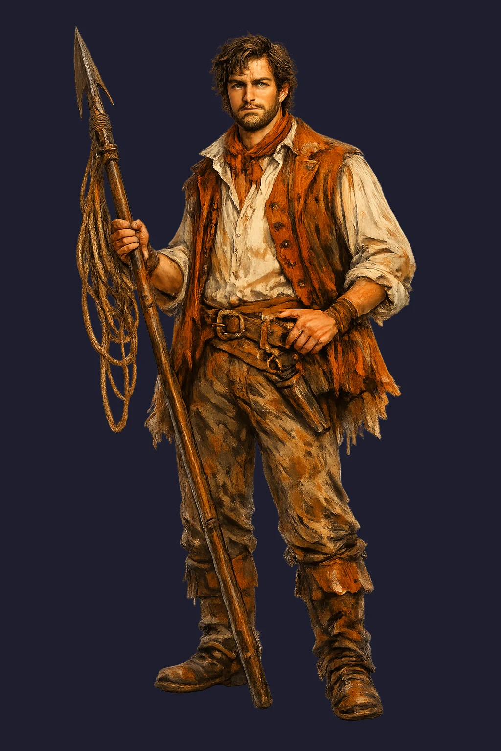 Ishmael, the narrator of Moby-Dick, a young sailor holding a harpoon