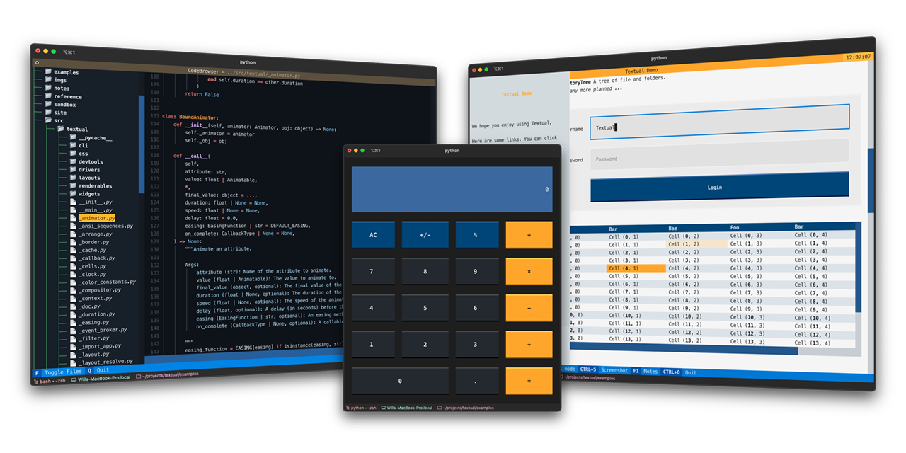 Three terminal windows running Textual applications: a code browser, a calculator, and a widget demo